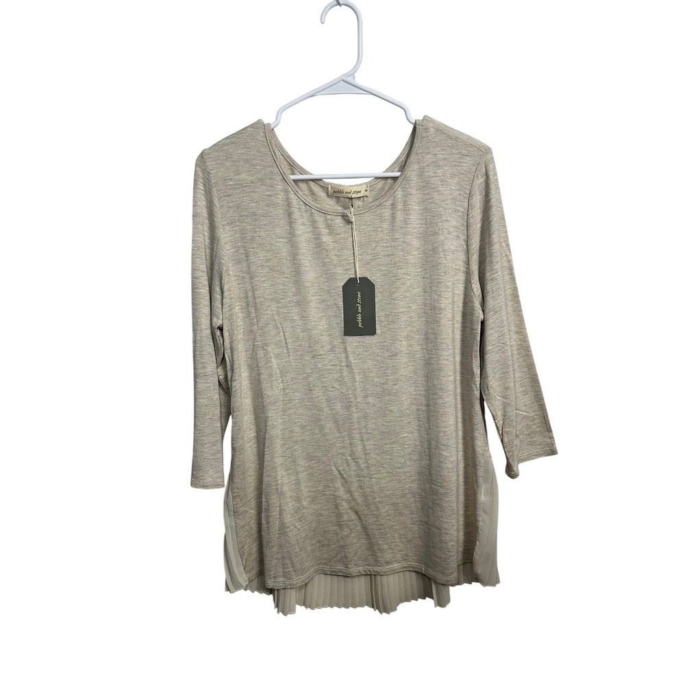 Pebble and Stone Beige Heathered Knit Pleated Hem Button Back Top Medium NEW
